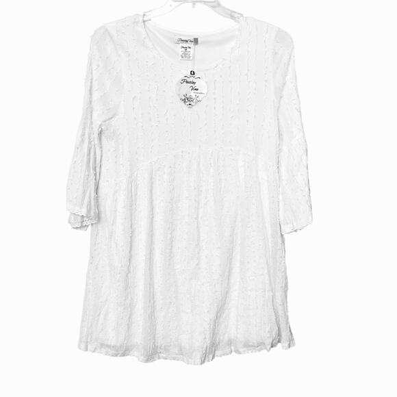 PAISLEY VINE BELL SLV RND NECK MIDI WAIST DRESS, WOMEN, M-WHITE/IVORY, LACE TRIM - Picture 1 of 12